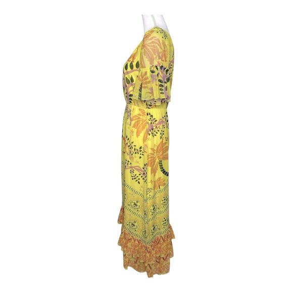 Saloni Pippa Silk Midi Dress Georgette Jungle Yellow Ruffle Citrus Floral NWT 6 - Picture 5 of 16